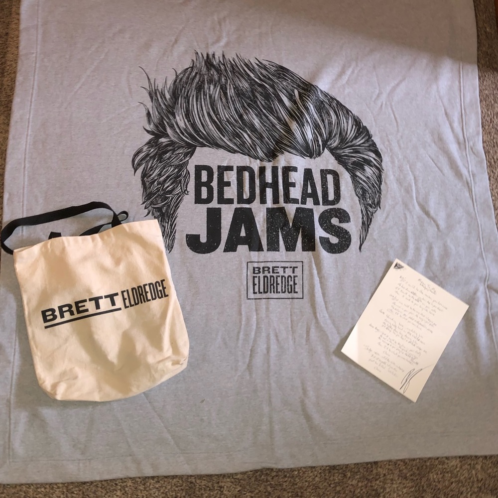 Brett Eldredge throw, bag, and signed lyric sheet